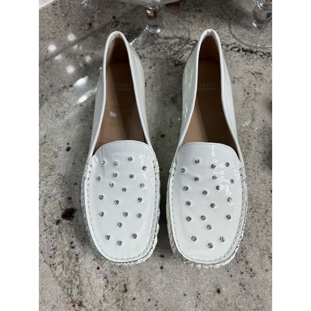 Stuart Weitzman Chips White Patent Leather Crystal Studded Loafers Flats 11